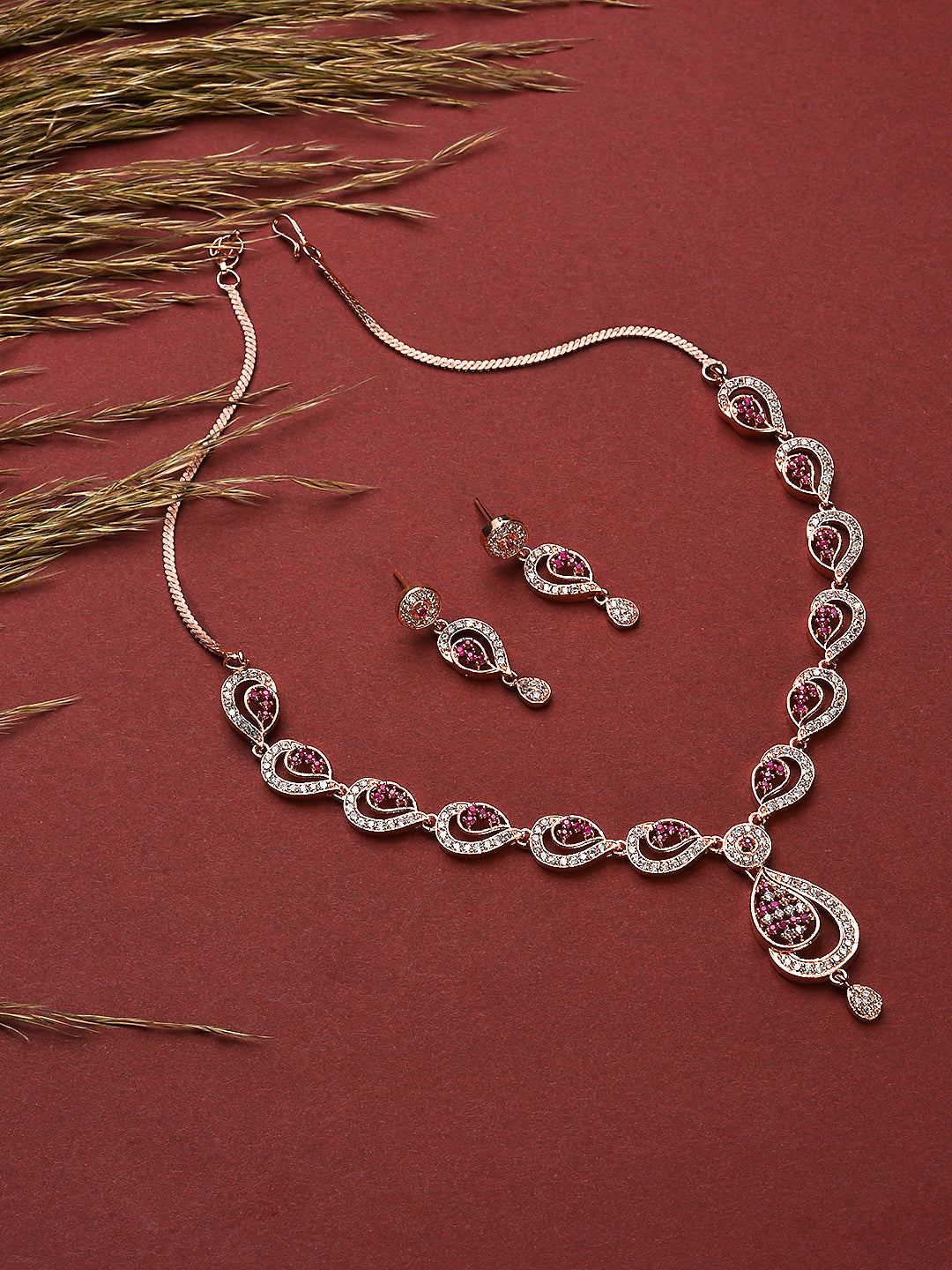 Rose Gold-Plated Ruby Ad-Studded Handcrafted Floral Jewellery Set