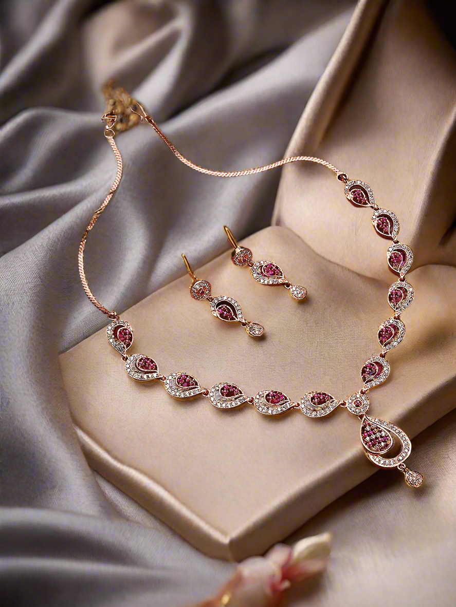 Rose Gold-Plated Ruby Ad-Studded Handcrafted Floral Jewellery Set