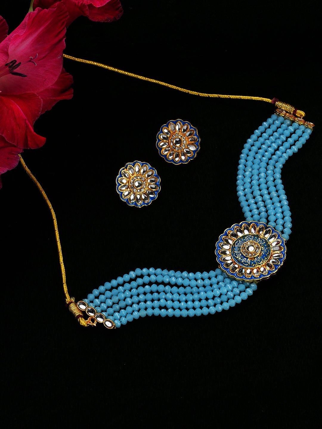 Gold-Plated White & Blue Kundan-Studded & Beaded Meenakari Jewellery Set
