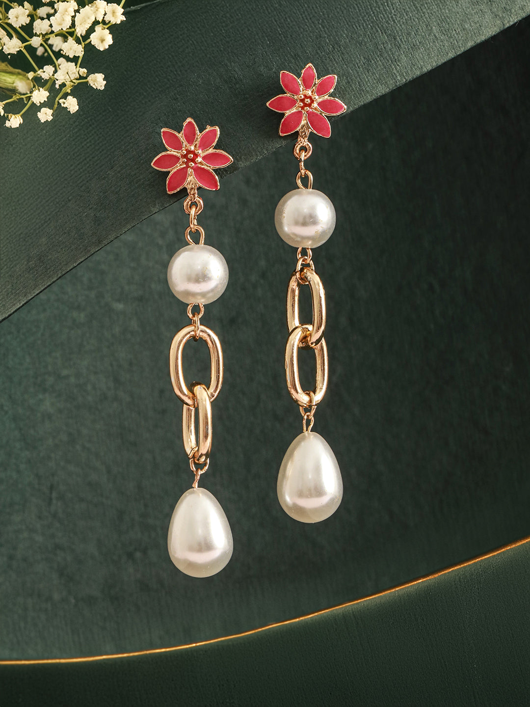 Jazz And Sizzle Pink Floral Pearl Beaded Drop Earrings