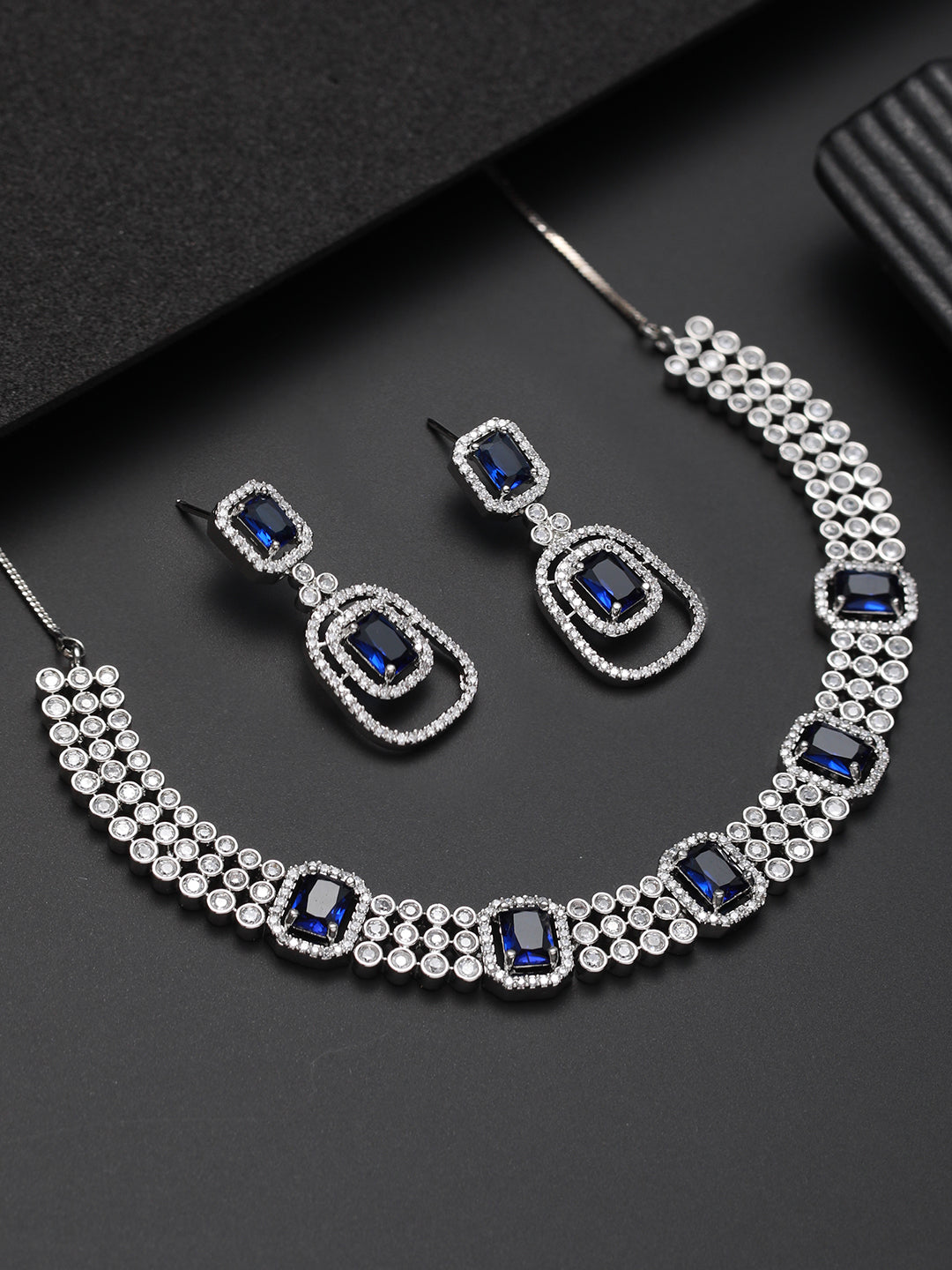 Silver Plated Blue American Diamond Studded Handcrafted Jewellery Set