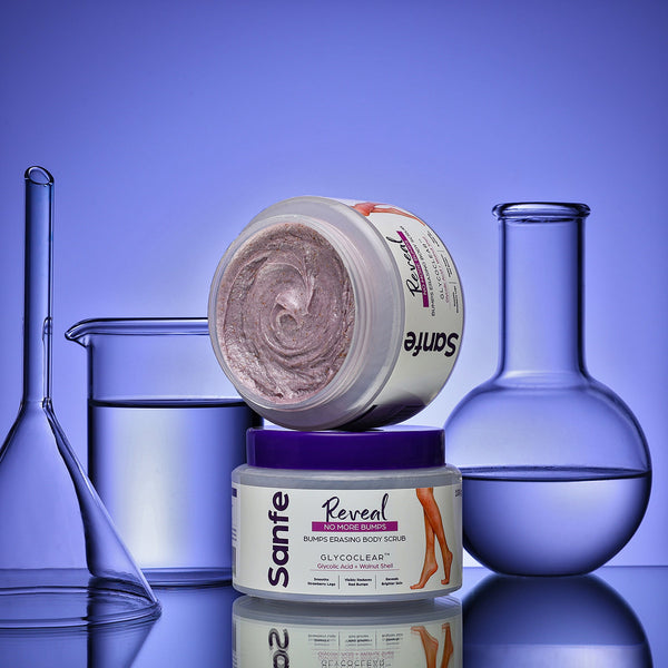 Sanfe Reveal No More Bumps Erasing Body Scrub for Rough & Bumpy Skin, Tan and Strawberry Legs Glycolic Acid, Walnut Shell Bath to Remove Dirt, Dead Skin 100g for women for soft & bright skin