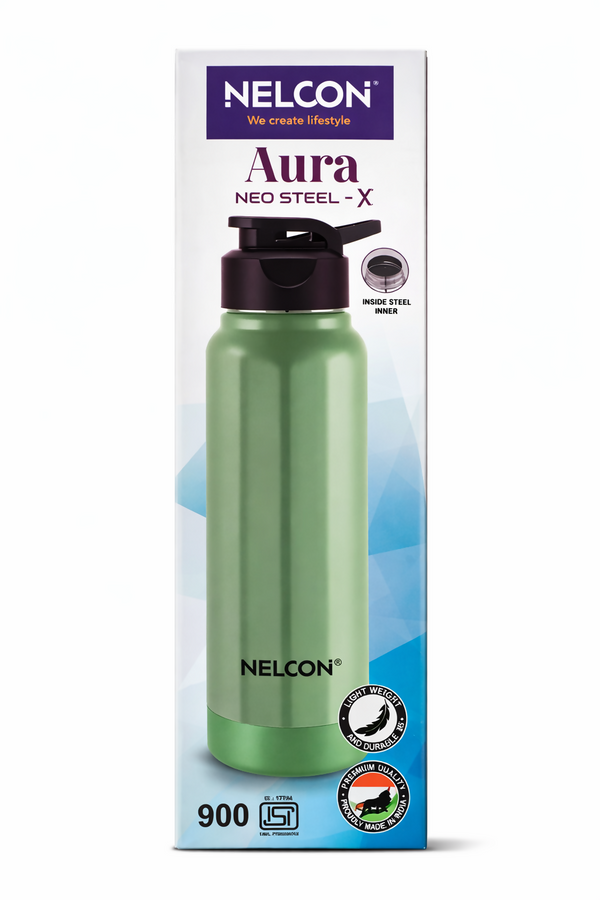 Nelcon Aura Neo Steel-X Water Bottle 900ml – Lightweight Stainless Steel Inner Bottle HalfPe - FW -TPT