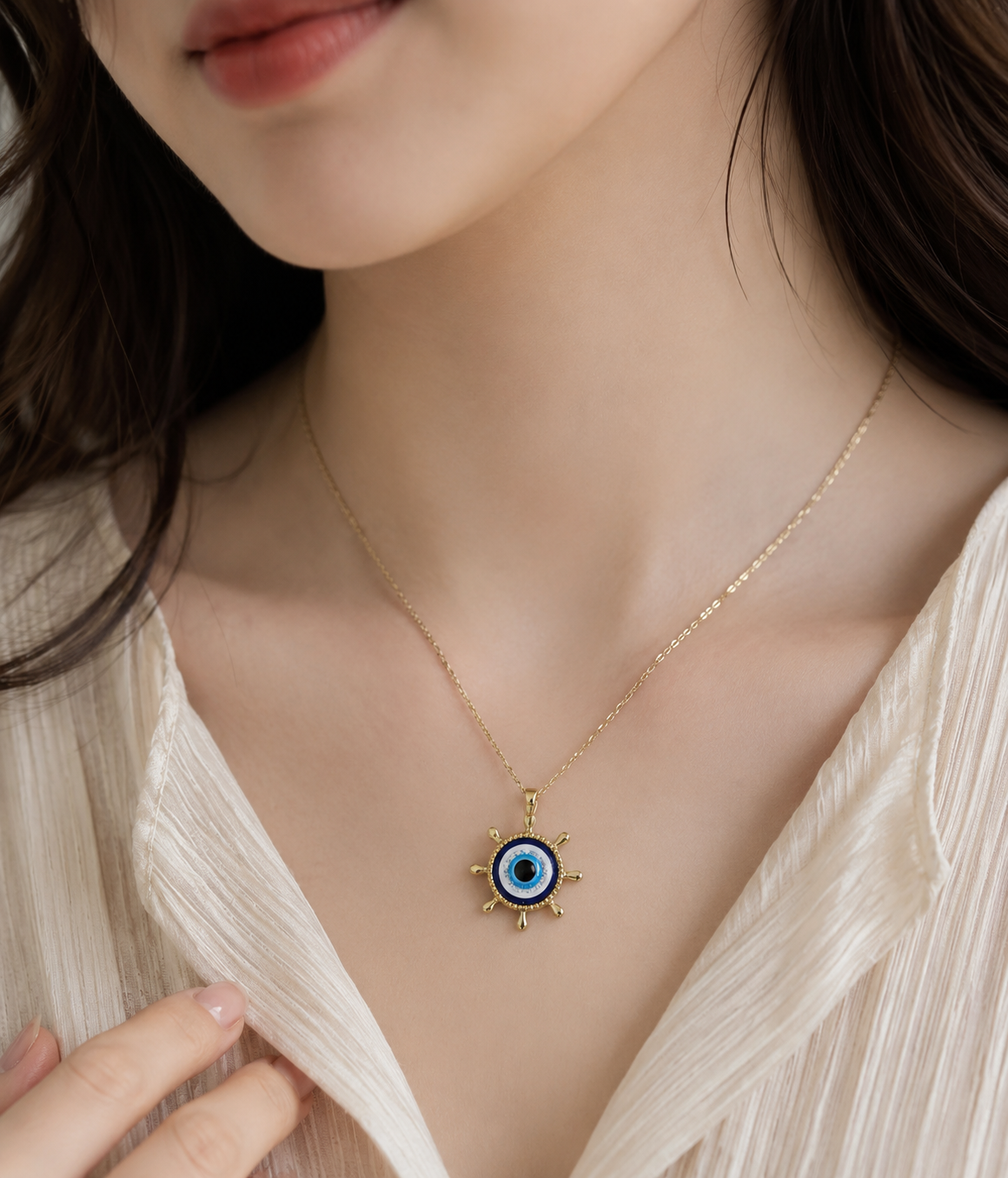 Pinapes Gold Plated Evil Eye Pendant Necklace for Women & Girls – Sea Green Wheel Eye Design