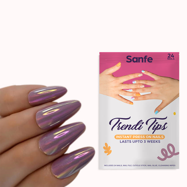 Sanfe Instant Press On Nails - Violet Chrome | 24 Reusable Artificial Fake Nail Set/Extensions | Quick, Lightweight, Salon Look, Lasts upto 3 weeks | For Festivals & Special Occasions