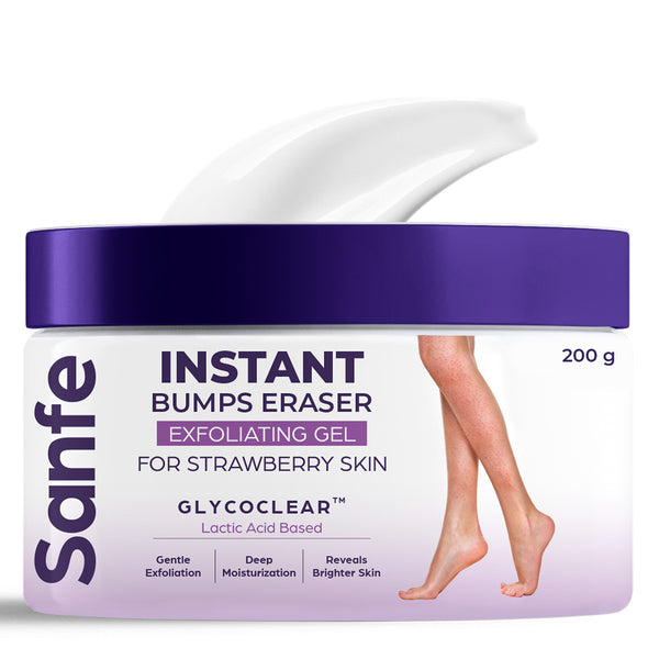 Sanfe Instant Bumps Eraser Exfolisting Gel For Rough & Bumpy Skin, Tan and Strawberry Legs Lactic Acid Bath to Remove Dirt, Dead Skin 200g for women for soft & bright skin