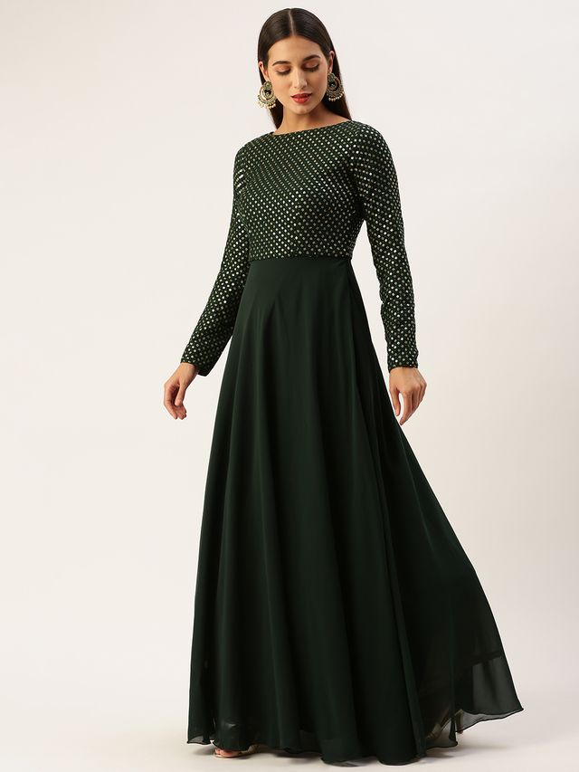 Bollywood Vogue Ready To Wear Green Georgette Embroidered Gown