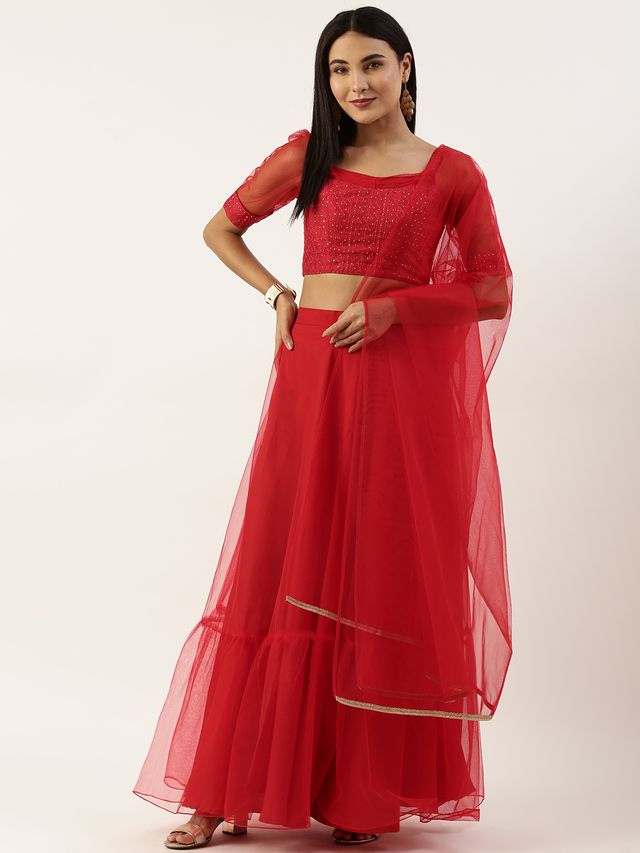 Bollywood Vogue Ready To Wear Dark Red Sequins Lehenga Set
