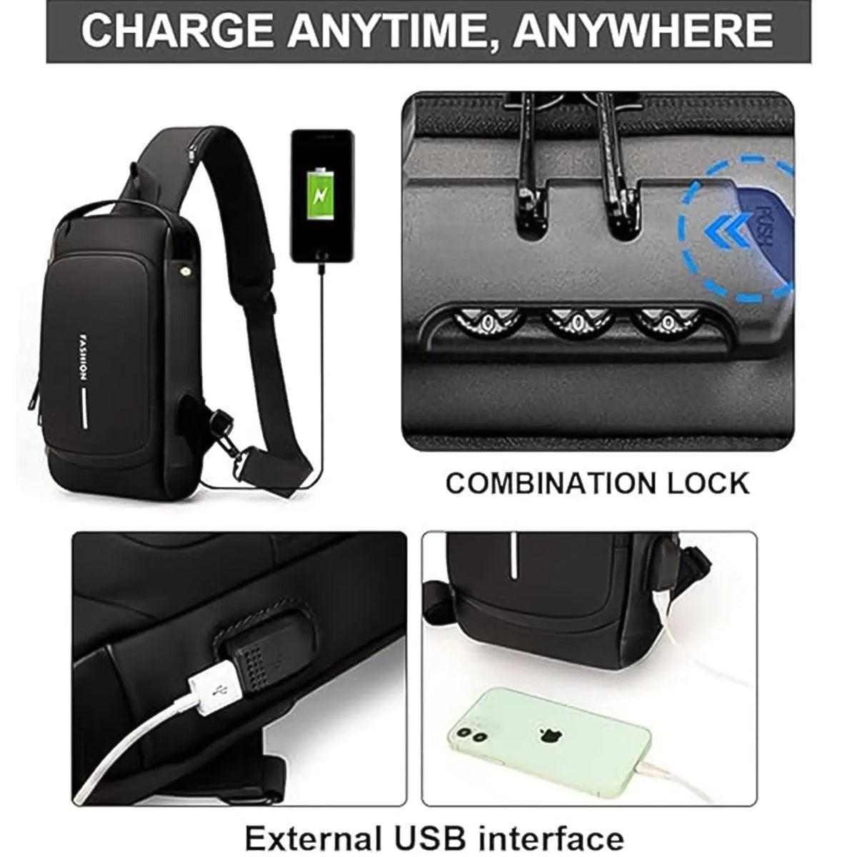 Trendy Anti-theft Crossbody Sling Bag With Usb Charging Port (1 Pc) HP DD