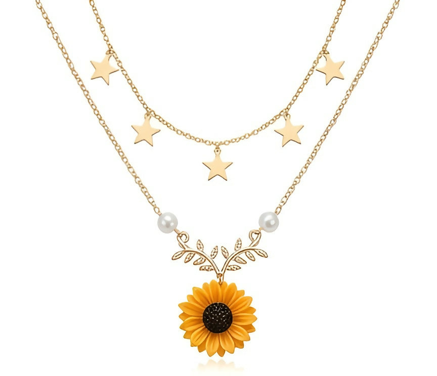 Sunflower Pendant & Star Charm Necklace Set