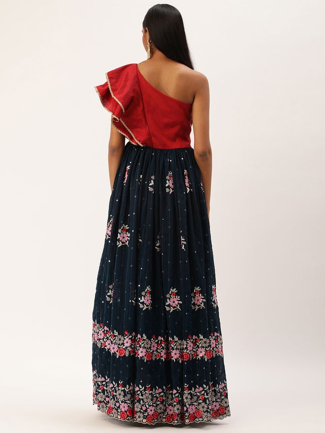 Bollywood Vogue Ready To Wear Maroon N Blue Sequins Georgette Gown