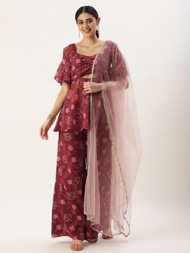 Bollywood Vogue Ready To Wear Wine Georgette Digital Printed Palazzo Suit