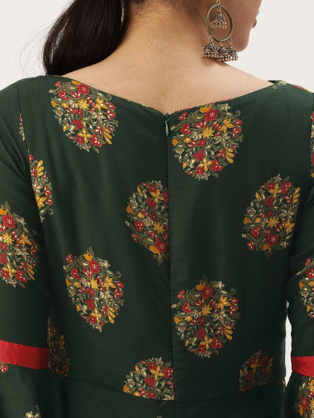 Bollywood Vogue Ready To Wear Green Rayon Printed Maxi Dress