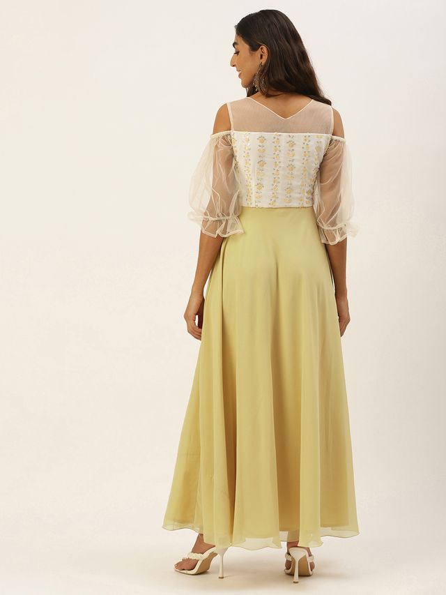Bollywood Vogue Ready To Wear White N Beige Embroidered Sequins Gown