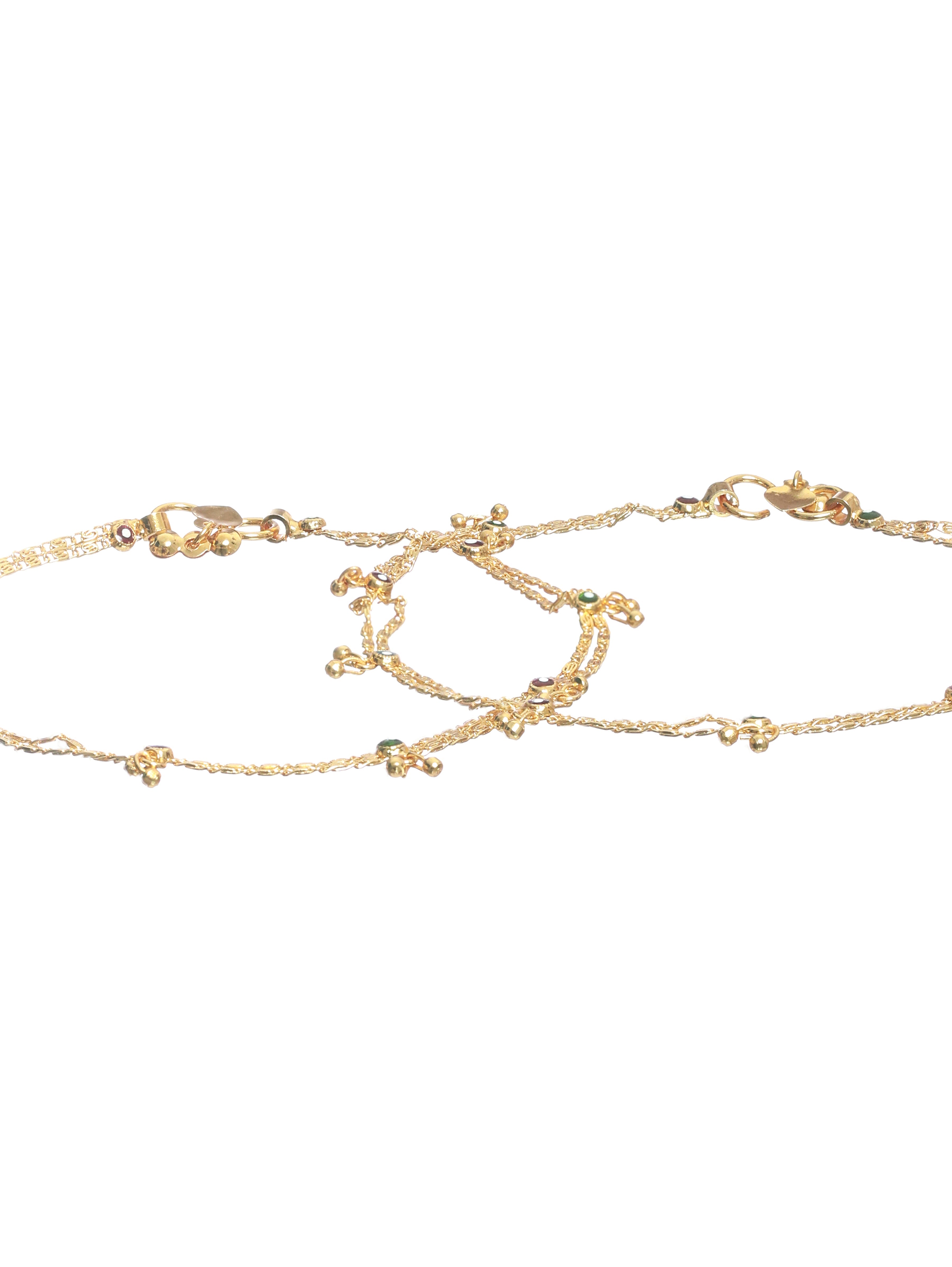 Set Of 2 Gold-Plated Green & Marron Stone Studded Handcrafted Anklets