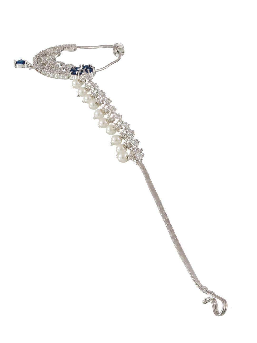 Silver Plated Blue Floral American Diamond Studded Handcrafted Nose Ring With Pearl Drop Chain