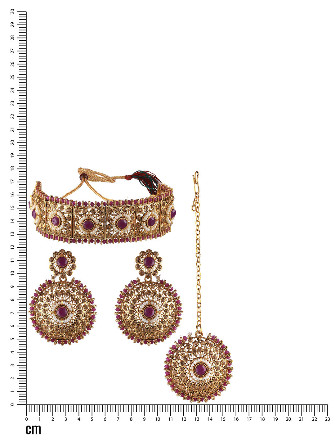 Gold-Plated Purple & White Kundan Studded & Beaded Choker Jewellery Set With Maangtikka