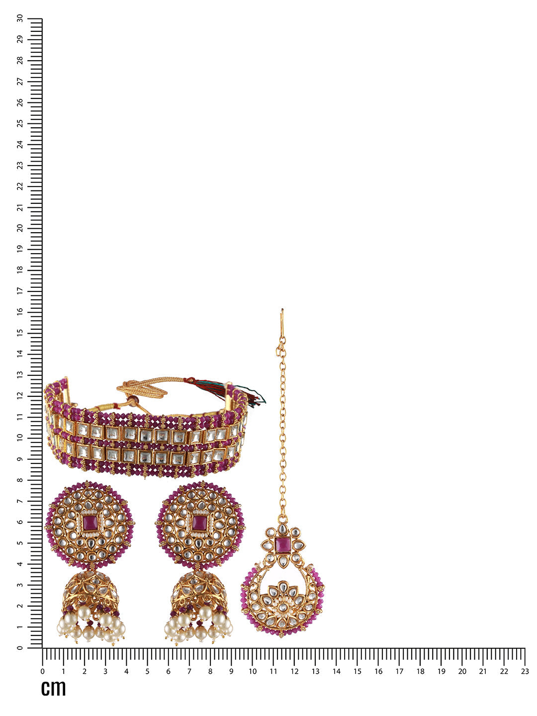 Gold-Plated Wine Kundan Studded & Pearl Beaded Choker Jewellery Set With Maangtikka