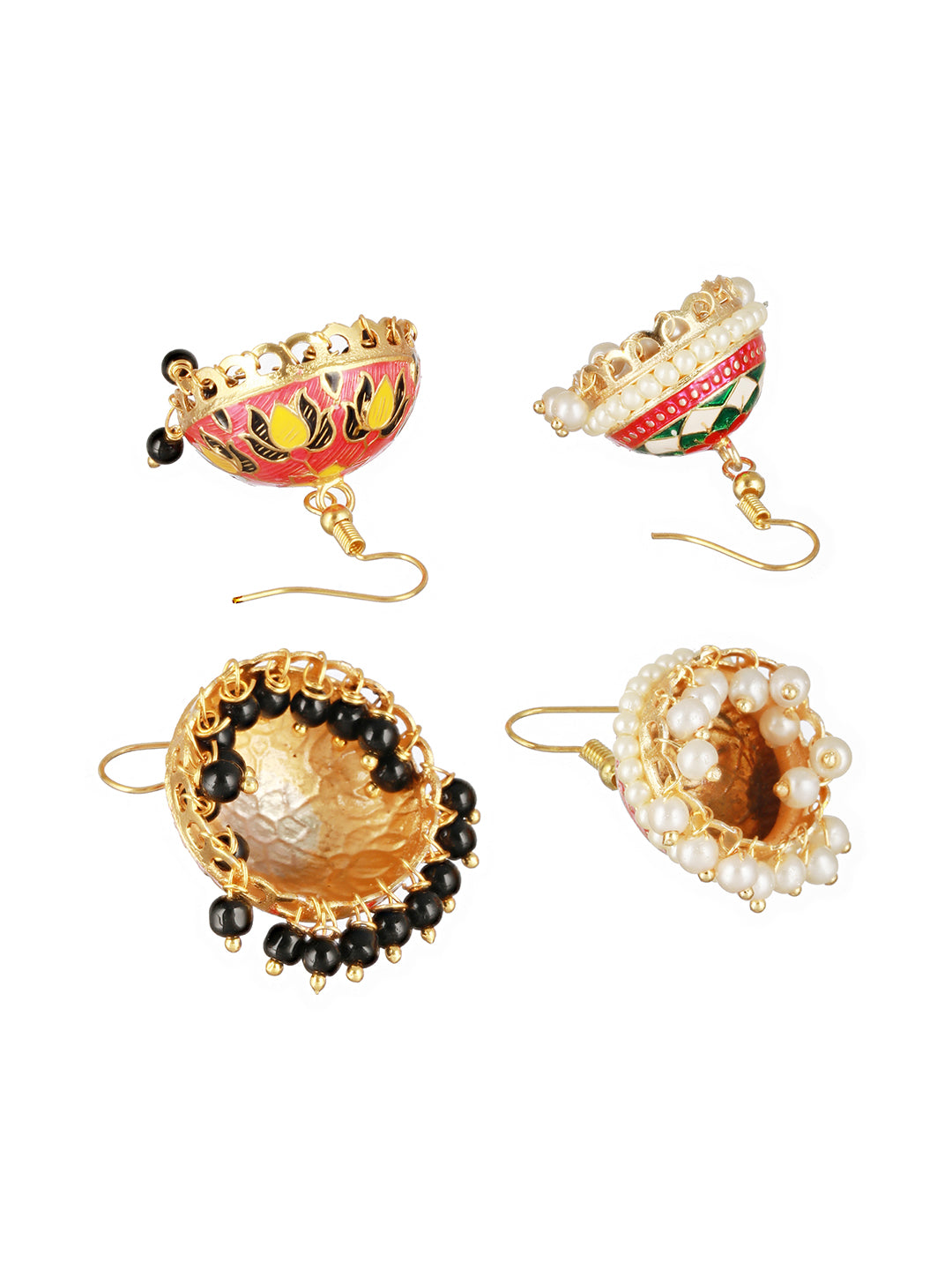 Set Of 2 Pair Pink & White Gold Plated Meenakari Jhumkas Earrings