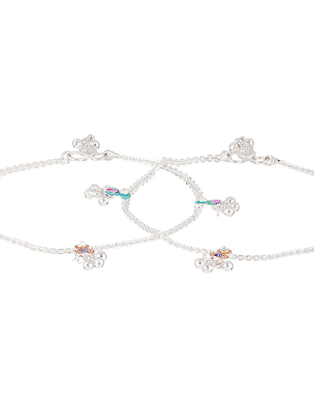 Aatmana Set Of 2 Silver-Plated Pink&Blue Anklets With Ghungroo