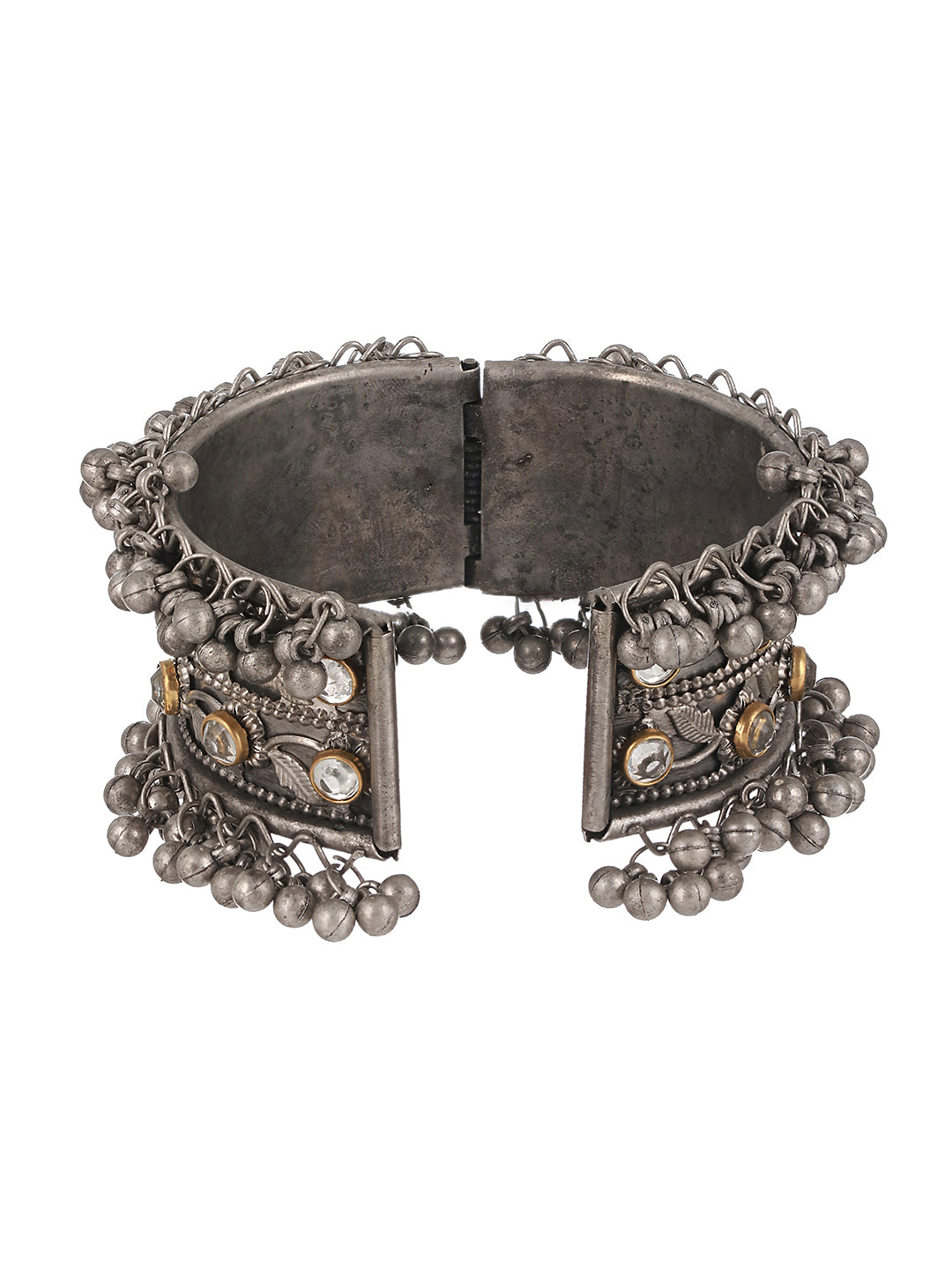 Silver-Plated Oxidised Leaf Pattern Kundan Studded Kada Bracelet