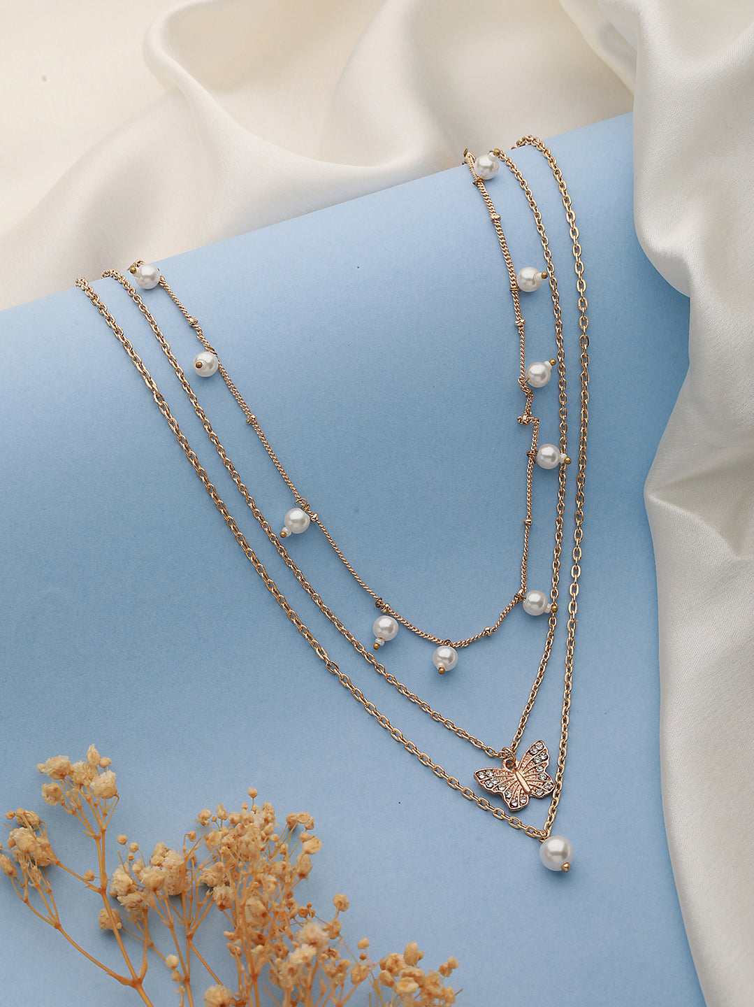 Gold-Plated Butterfly & Pearl Hanging Layered Necklace