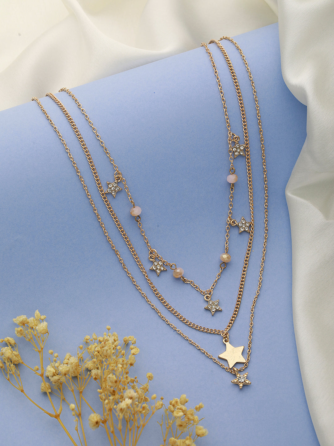 Gold-Plated Star & Pearl Studded Layered Necklace