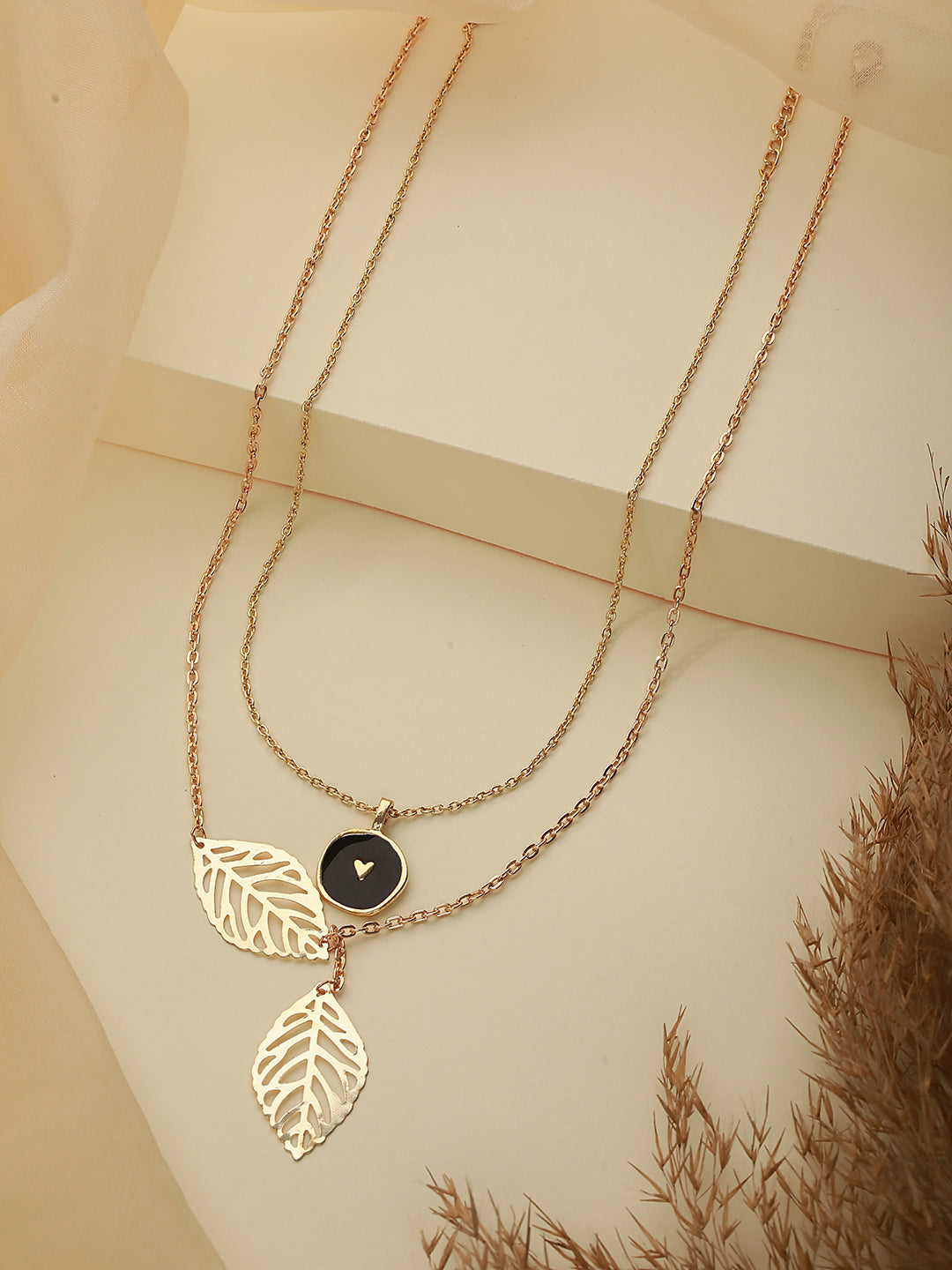 Set Of 2 Heart Enamelled Pendant & Leaf Charm Necklace