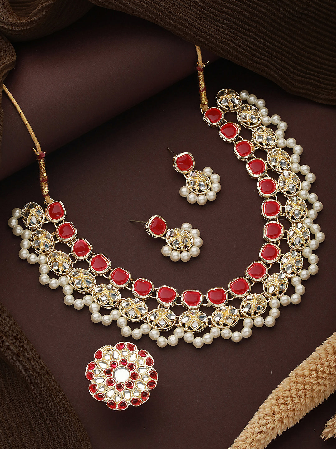 Gold-Plated Kundan-Studded & Beaded Jewellery Set