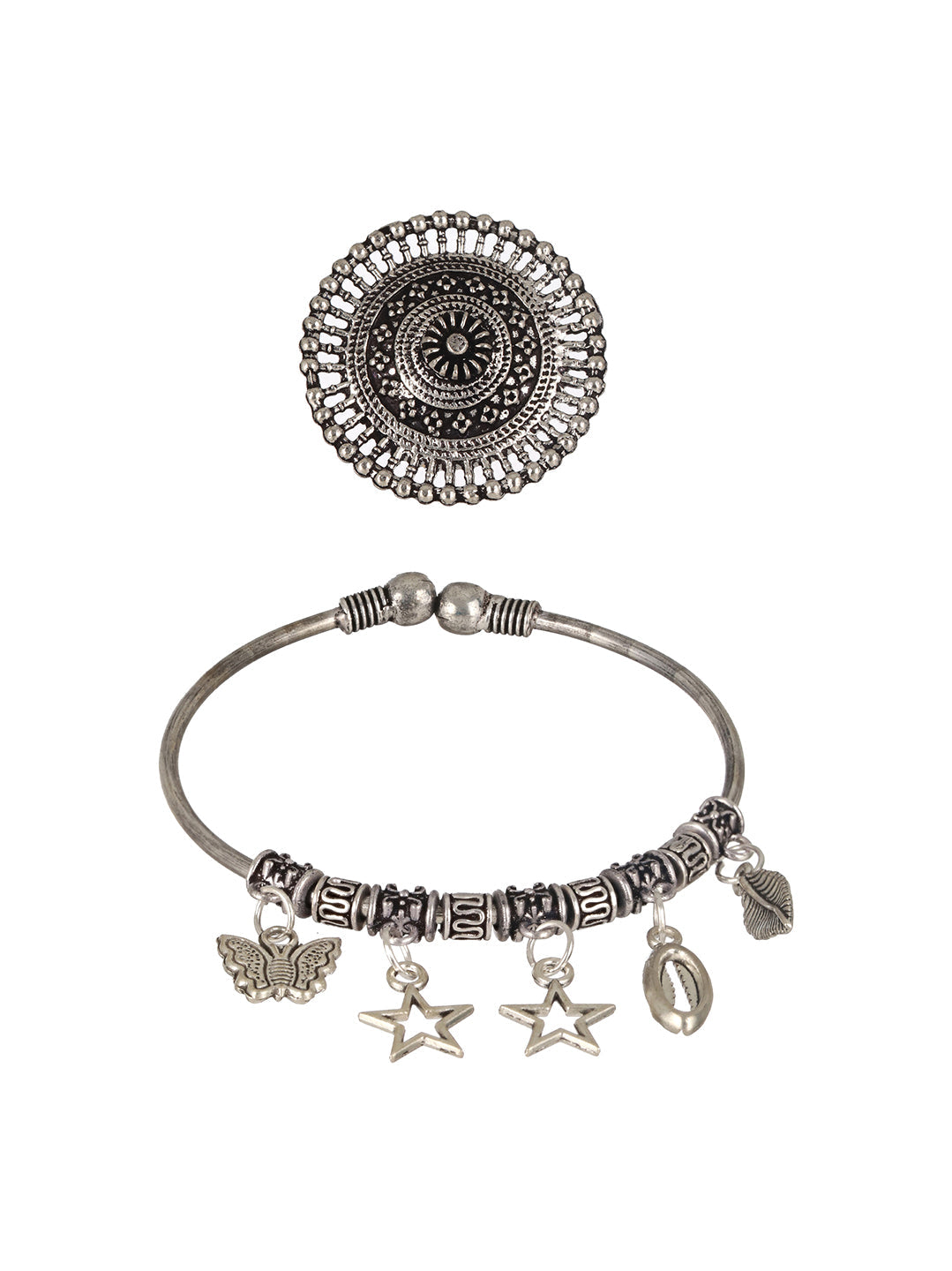 Set Of 2 Oxidised German Silver-Plated Charm Bracelet & Ring