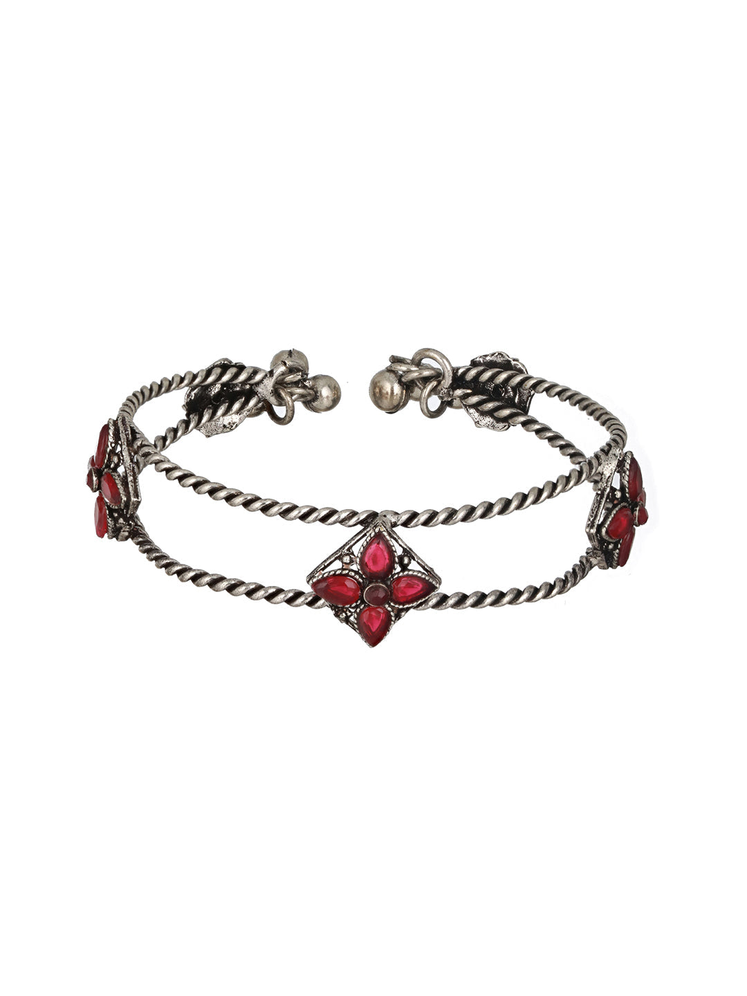 Silver Plated Red Stone Studded Oxidised Handcrafted Cuff Style Bracelet