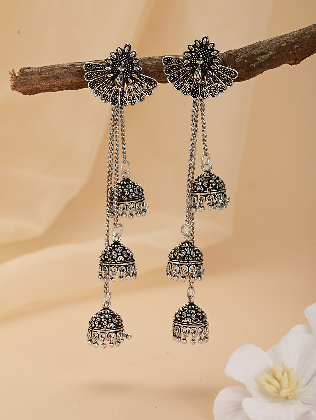 Oxidised Silver-Plated Peacock Shaped Jhumka Earrings