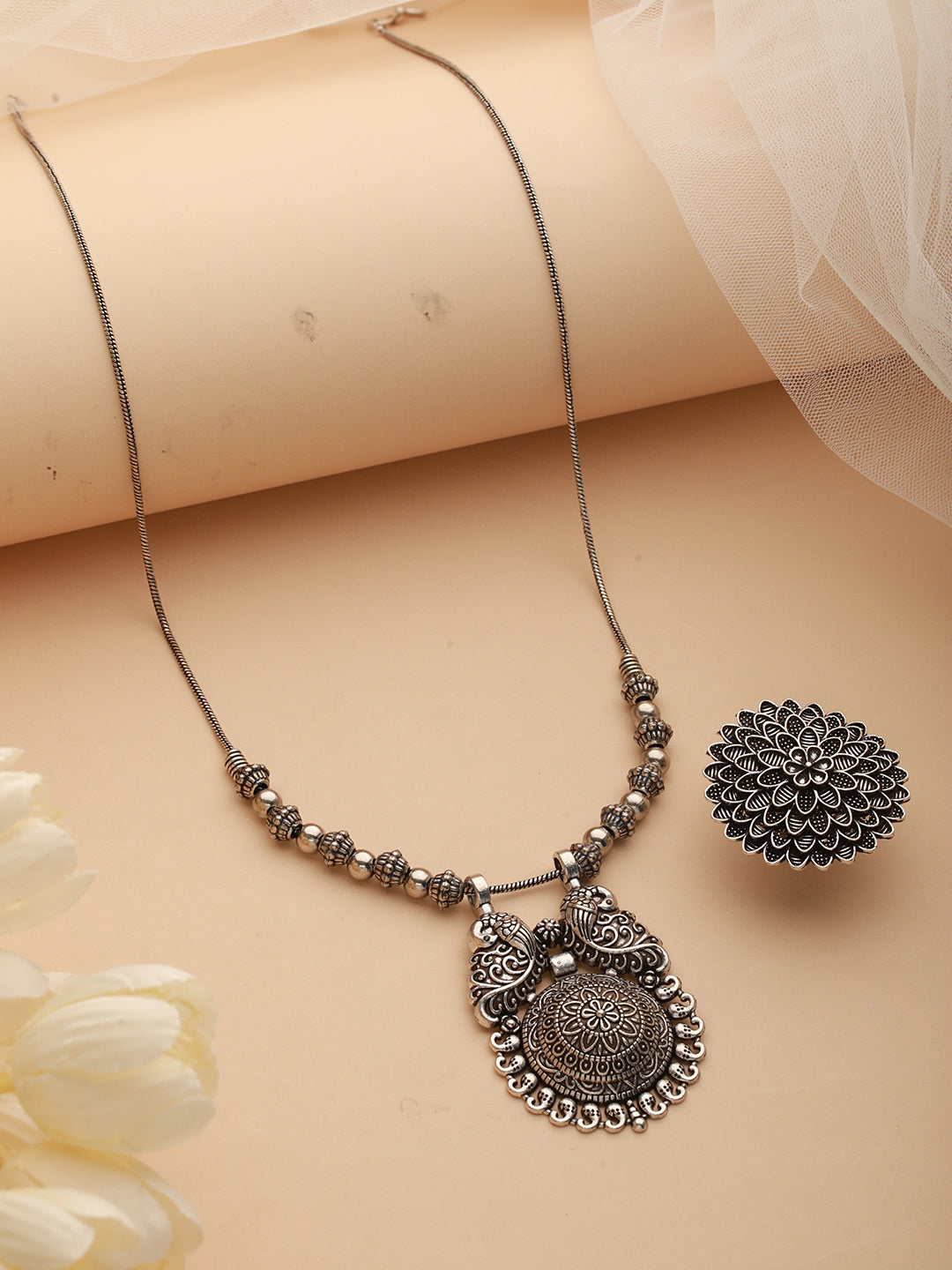 Silver-Plated Peacock Shaped Oxidized Necklace With Textured Ring
