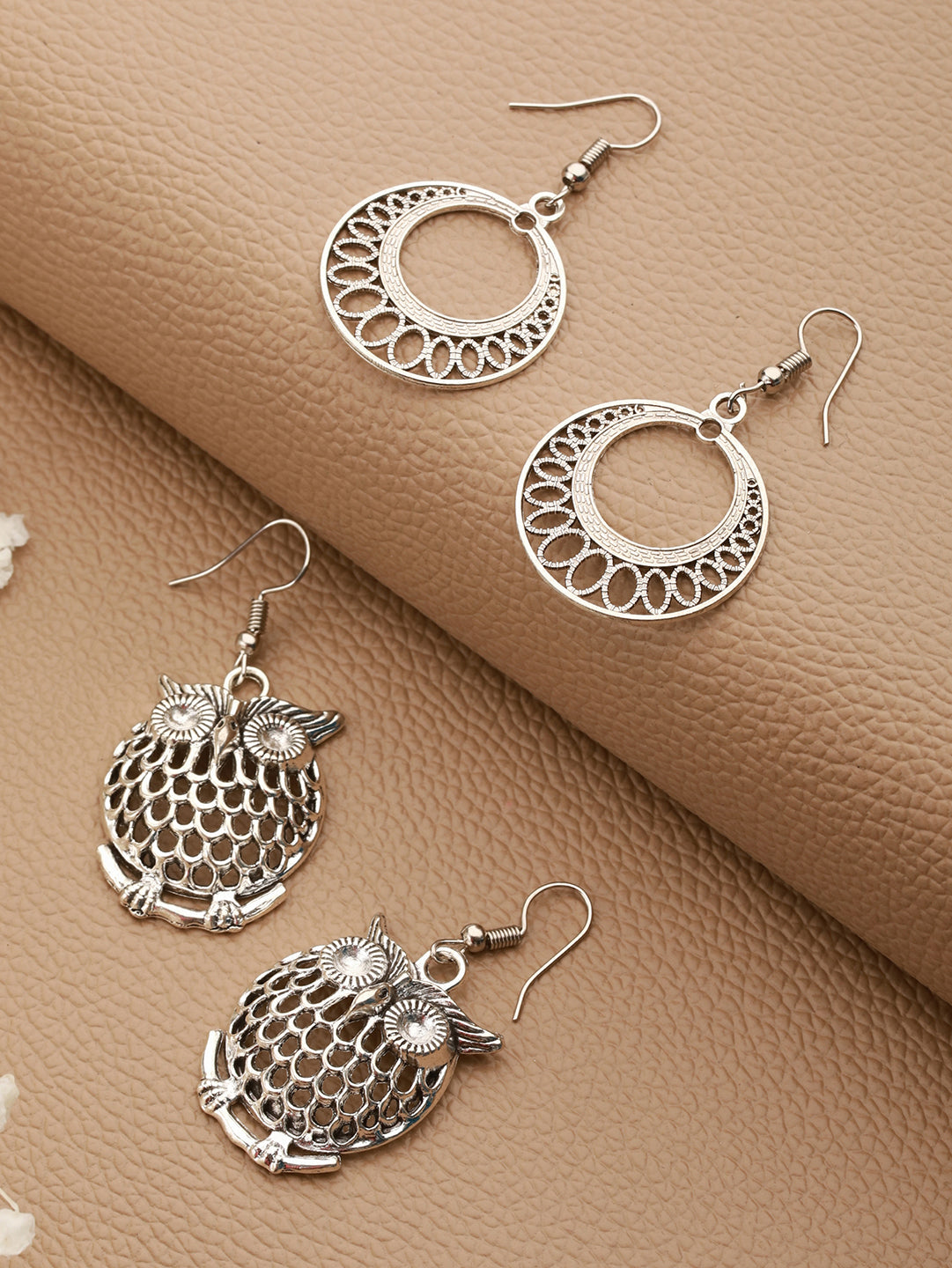Set Of 2 Silver Plated Owl Contemporary Drop Earrings
