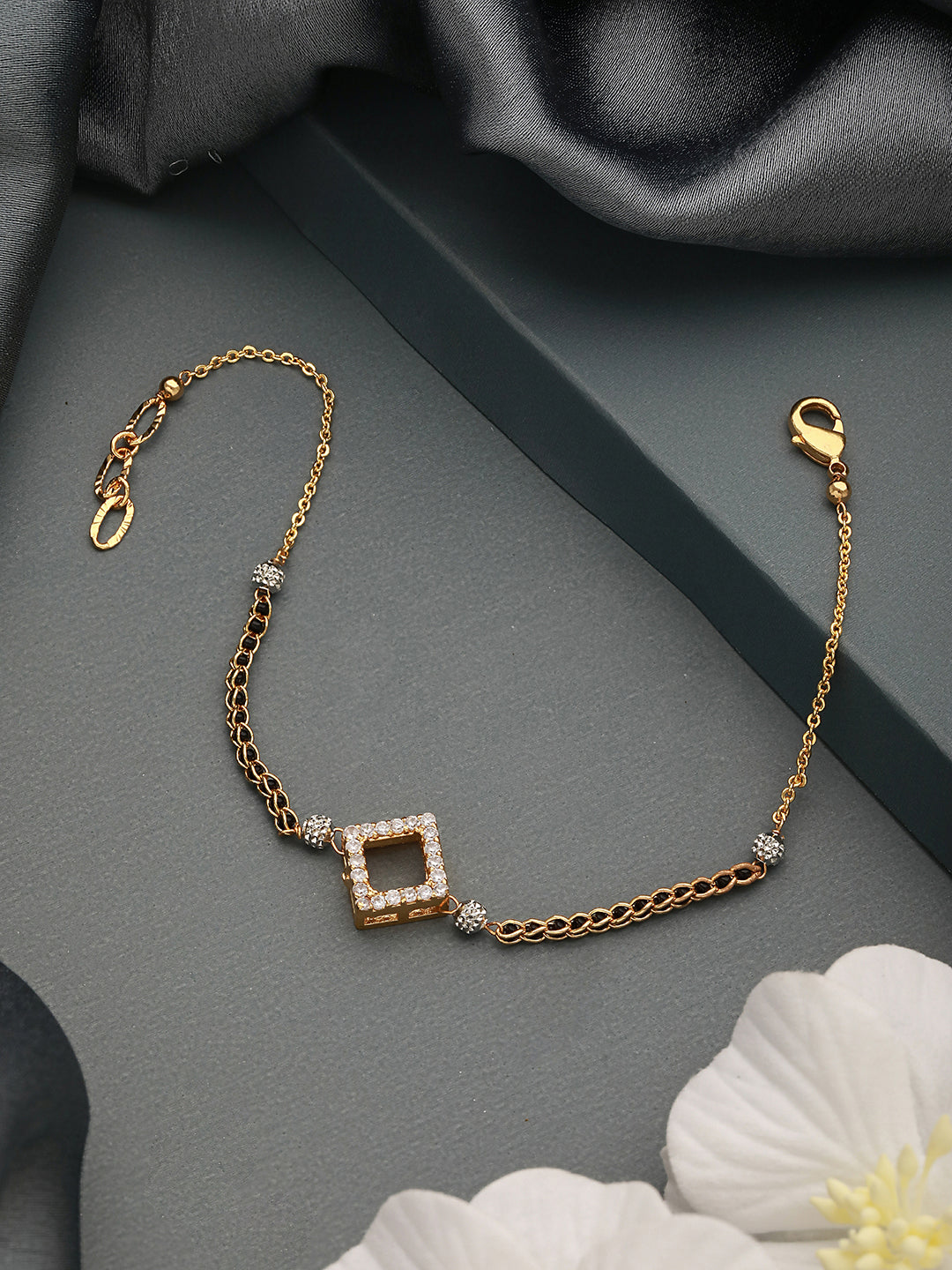  Gold-Plated Black Beaded & Stone-Studded Hand Mangalsutra Bracelet