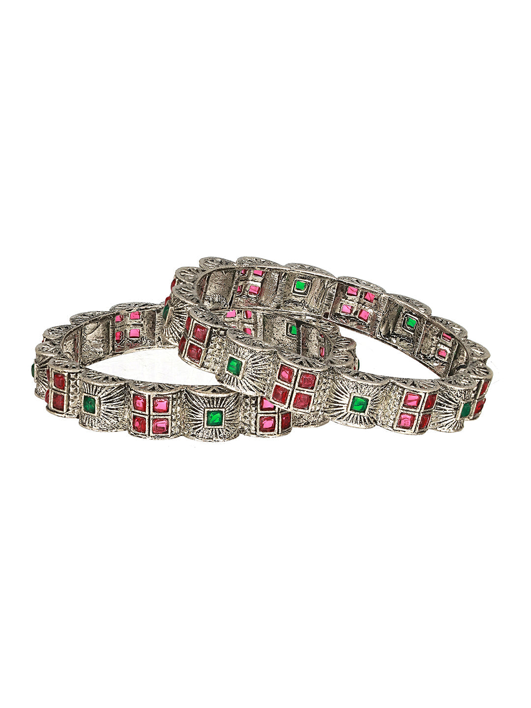 Set Of 2 Oxidized Silver-Plated Red & Green Stone Studded Bangles