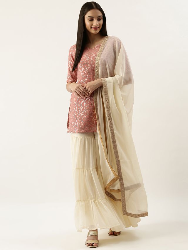 Bollywood Vogue Ready To Wear Pink N Off White Embroidered Sharara Suit