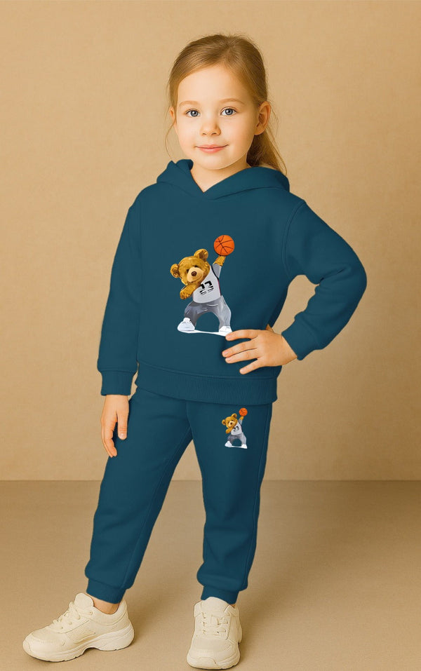 Girls' Blue Cotton Hoodie & Jogger Set – Stylish Printed Sportswear Luck Fashion