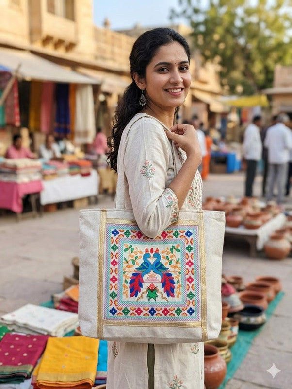Buddy Cares Jute Tote Bag: Peacock Embroidery Print, Zipper, Cream & Gold Border – Default Title – view 6 – Buddy Cares