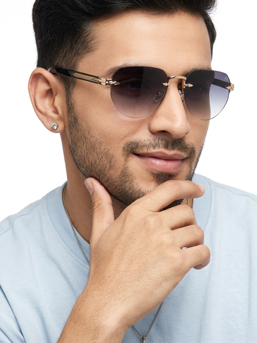 Essence Crown Golden Rimless Sunglasses for Men and Women - Style 2535 - worn by a male model (image 1)
