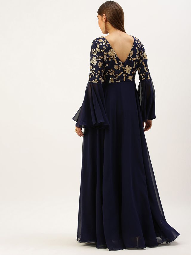 Bollywood Vogue Ready To Wear Blue Bell Sleeves Embroidered Gown