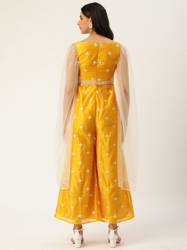 Bollywood Vogue Ready To Wear Yellow Art Silk Embroidered Jumpsuit