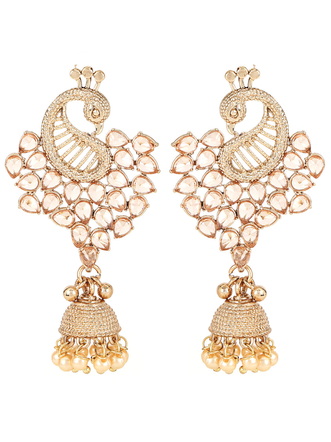 Gold-Plated Cz Studded Pearl Beaded Peacock Shaped Jhumka Drop Earrings