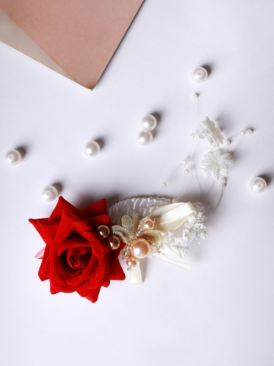 Red Rose & Golden Pearls Handcrafted Alligator Side Hair Clip