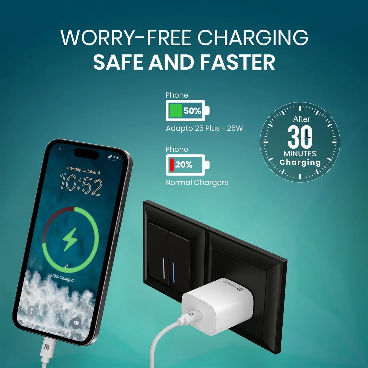 Portronics Adapto 25 Plus 25W GaN Fast Charger USB Type-C PD Adapter Lightweight Travel Charger Halfpe Deals
