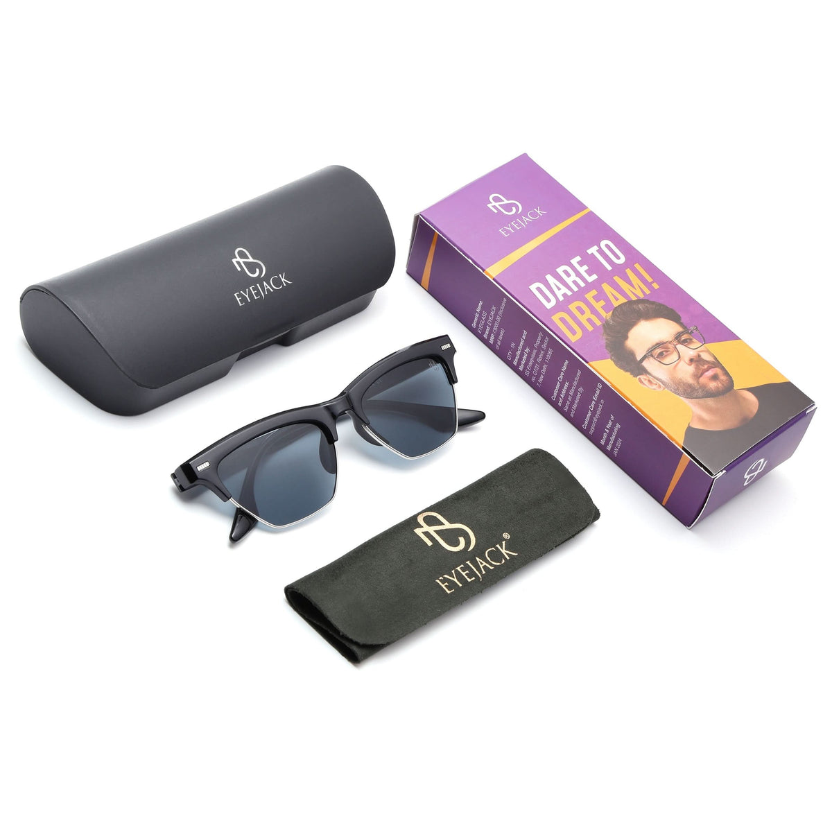 Eyejack Shine Black Half Rim Sunglasses for Men and Women - detail view