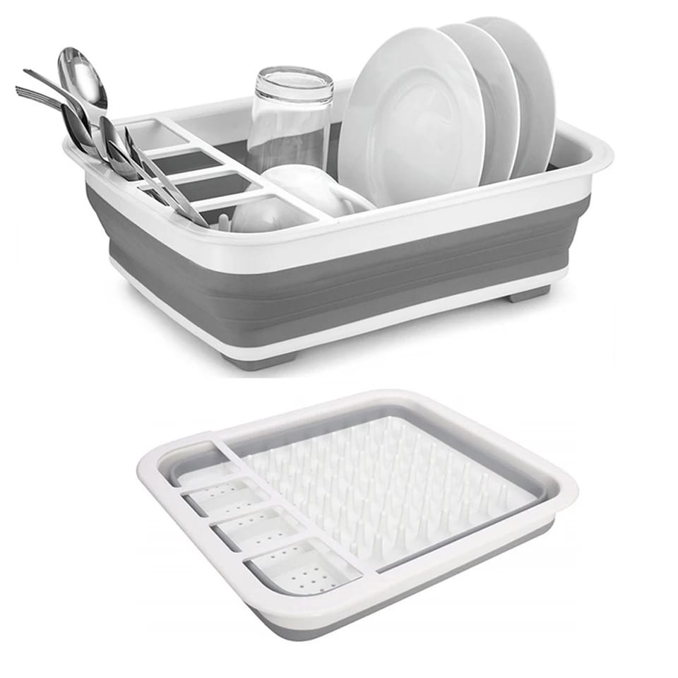 Collapsible Folding Silicone Dish Drying Drainer Rack With Spoon Fork Knife Storage Holder HP DD