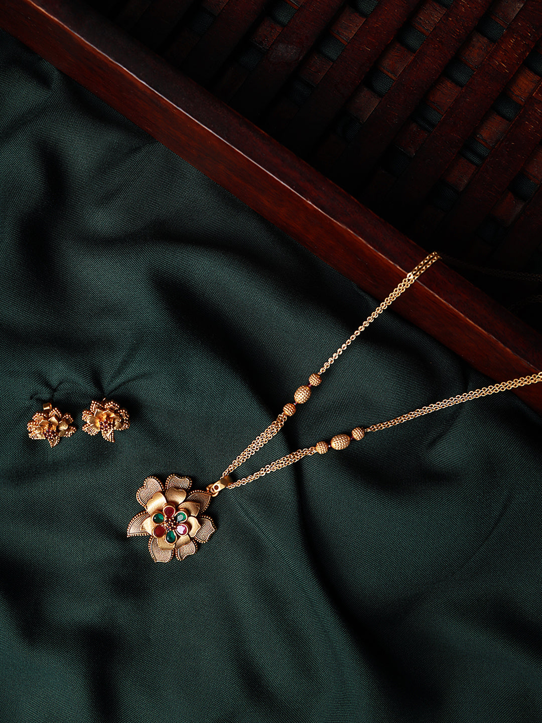 Gold-Plated Maroon & Red Studded Handcrafted Floral Jewellery Set
