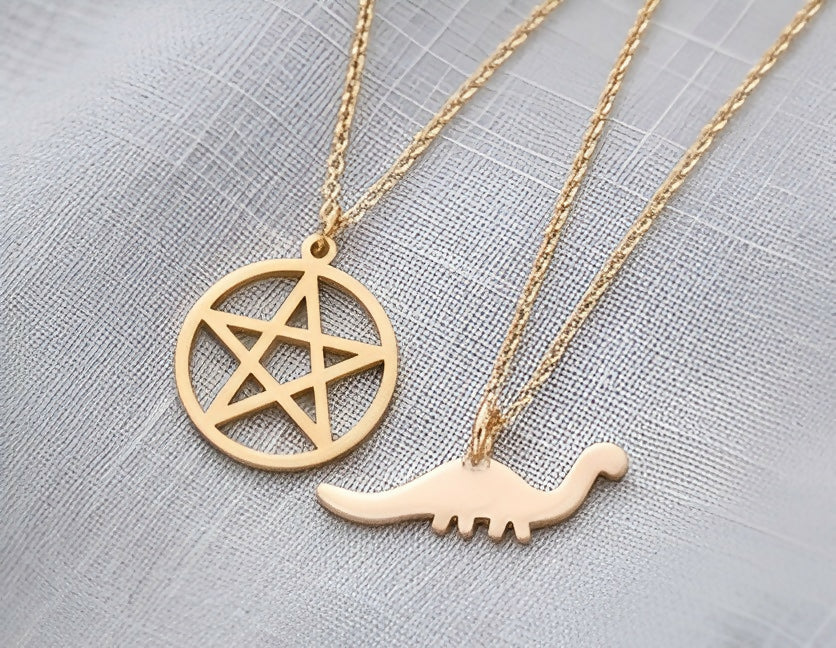 Star Pentagram & Dinosaur Pendant Necklace Set (2 Pieces)