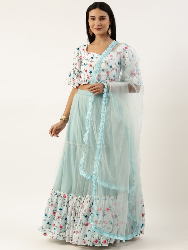 Bollywood Vogue Ready To Wear White Georgette Embroidered N Mint Green Lehenga